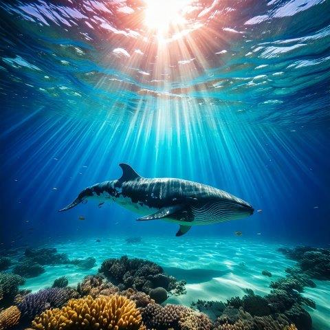 光射す海底と鯨の背景