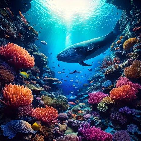 光射す海底とクジラのいる背景