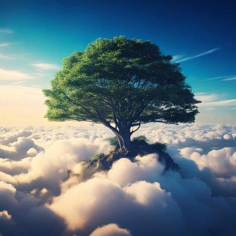 神秘的な雲海と巨樹のある風景