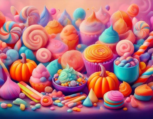 色とりどりのお菓子のパステル画