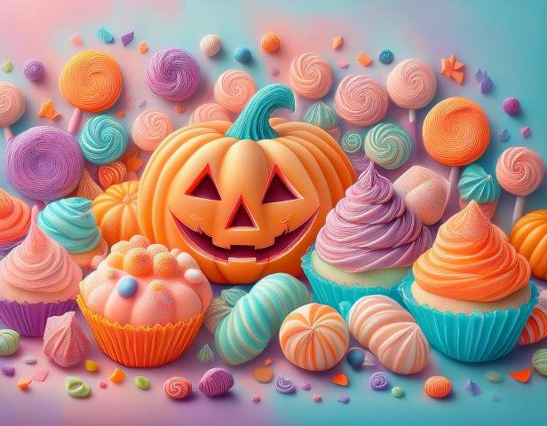 パステルカラーのジャックオーランタンとお菓子
