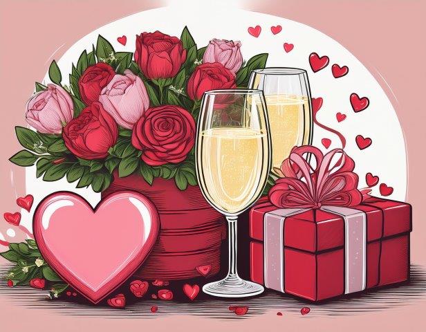 シャンパン、花束、プレゼントのイラスト