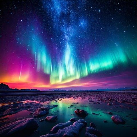 美しい北極の海と幻想的なオーロラ