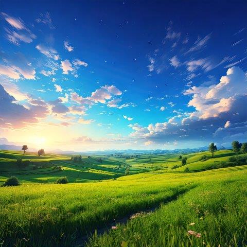 壮大な草原の朝のリアルイラスト