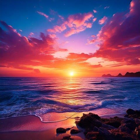 幻想的なグラデーションの夕焼け空に染まる美しい海の写真