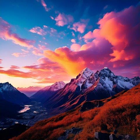 美しい夕焼けに染まる神秘的な山の写真素材