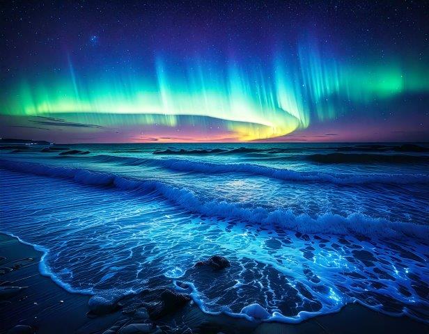 神秘的なオーロラと満点の星空、美しい海の写真素材