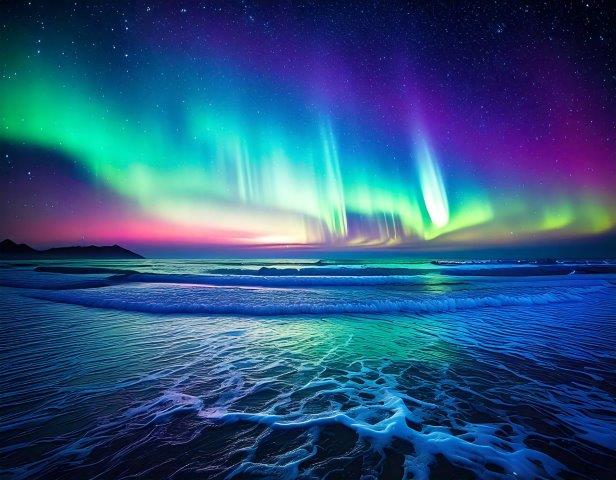 神秘的なオーロラと満点の星空、美しい海の写真素材２