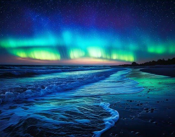 神秘的なオーロラと満点の星空、美しい海の写真素材３