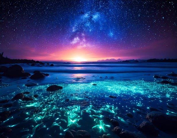 沈む夕日、満点の星空と夜光虫が光る神秘的な海