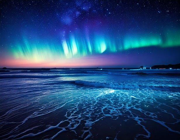 幻想的なオーロラと夜光虫の海