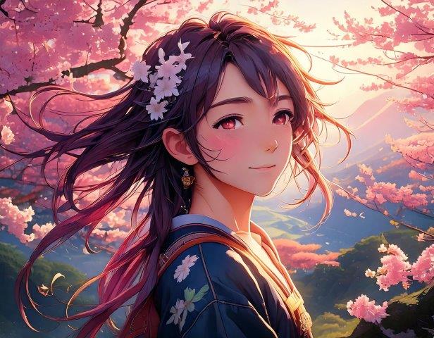 桜背景の人物イラスト（少女）