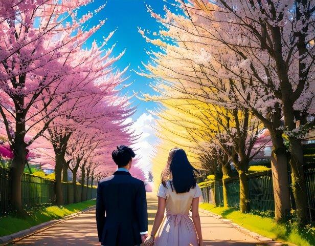 桜背景の人物イラスト（新婚夫婦）