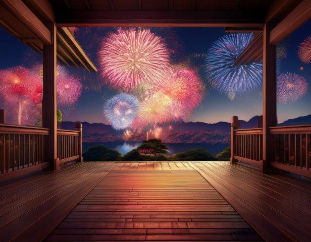 広い縁側から眺める花火大会、リアルイラスト