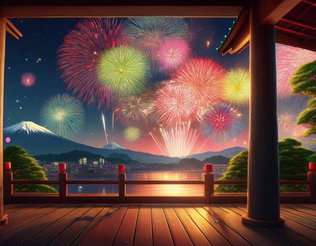 縁側から眺める富士と花火のイメージイラスト
