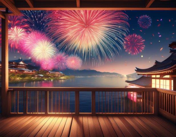 日本の夏の夜空と満開の花火